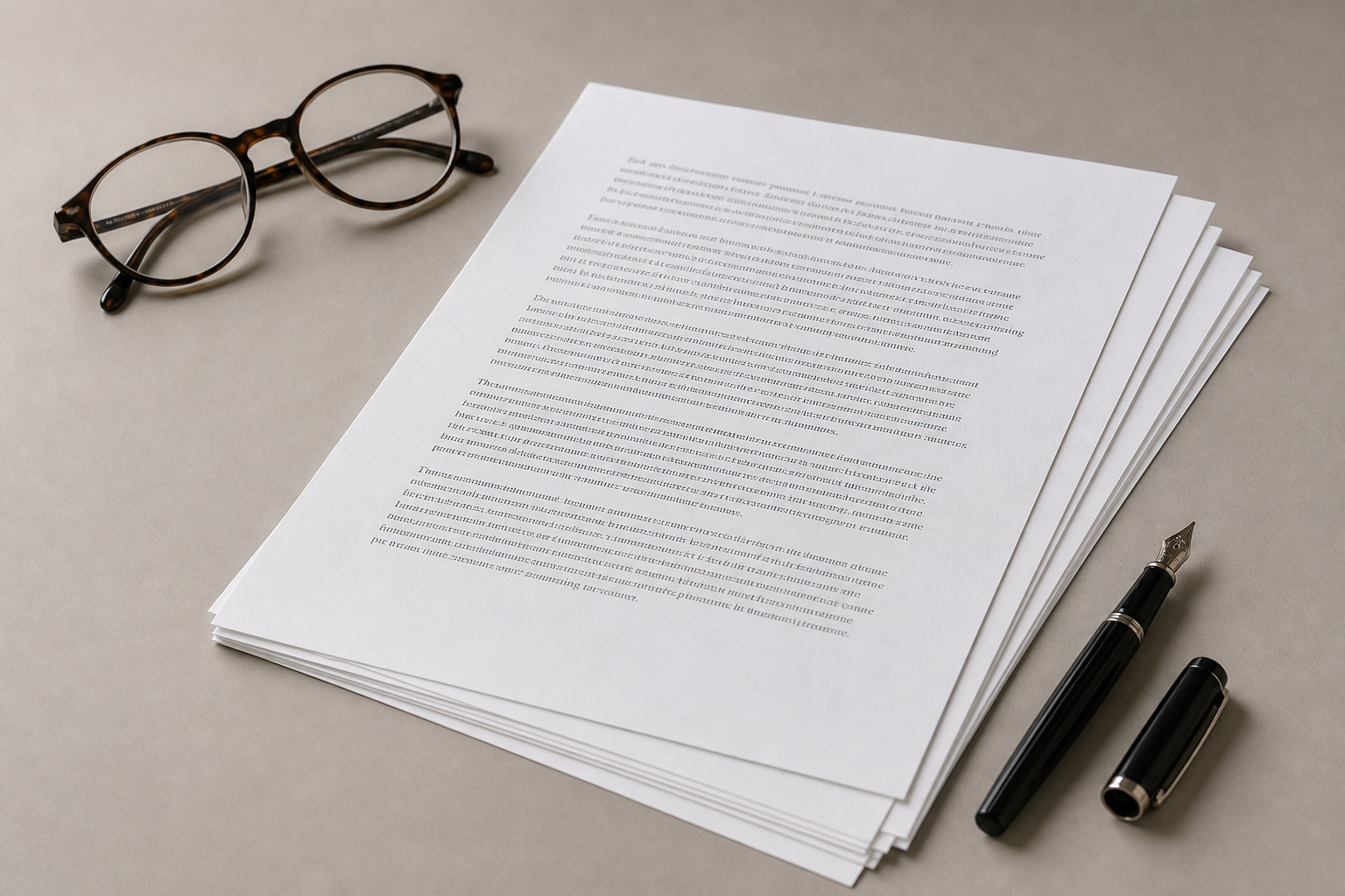 A multi page letter on letterhead-free white paper resting on a desk beside reading glasses and a fountain pen