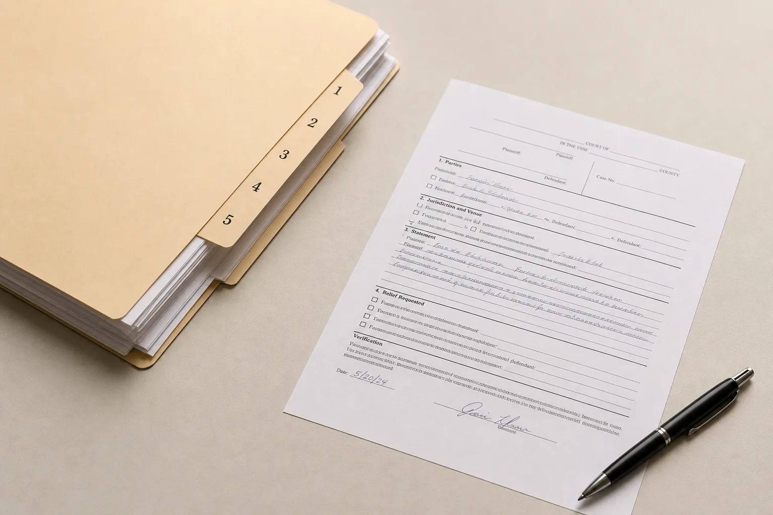 A completed court form on a plain desk beside a numbered folder of documents and a pen
