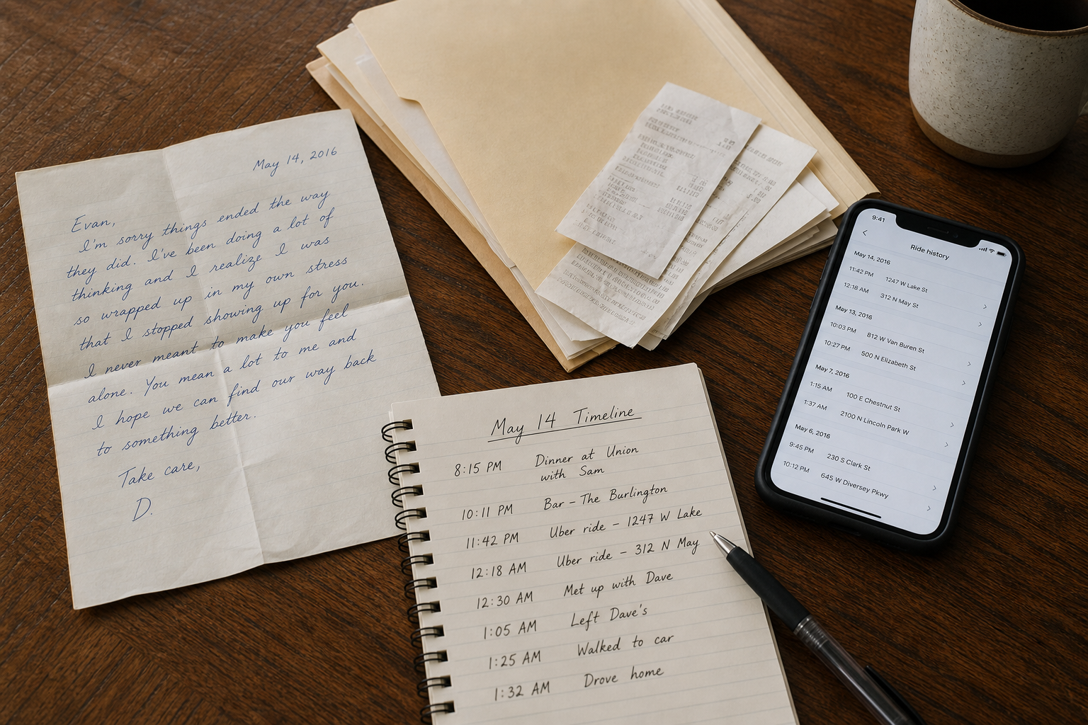 A kitchen table with a dated letter, a manila folder of receipts, a phone showing a ride history screen, and a notepad with a handwritten timeline