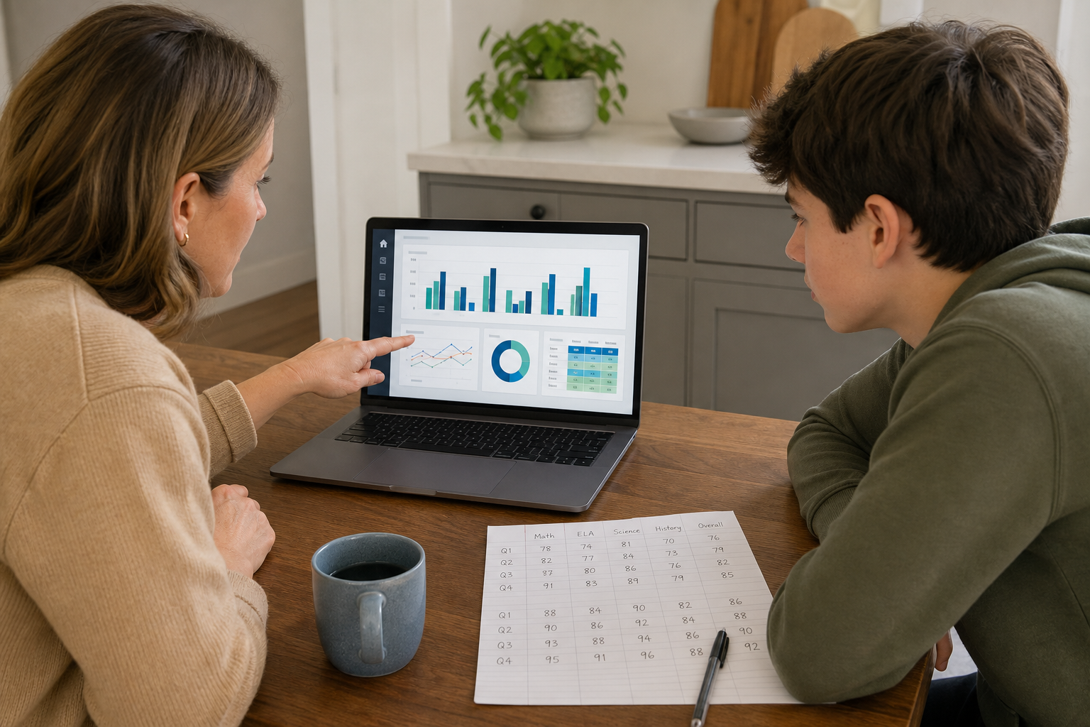 A parent and a teenager at a kitchen table with a laptop showing a school data dashboard, a handwritten comparison sheet with columns of numbers beside it