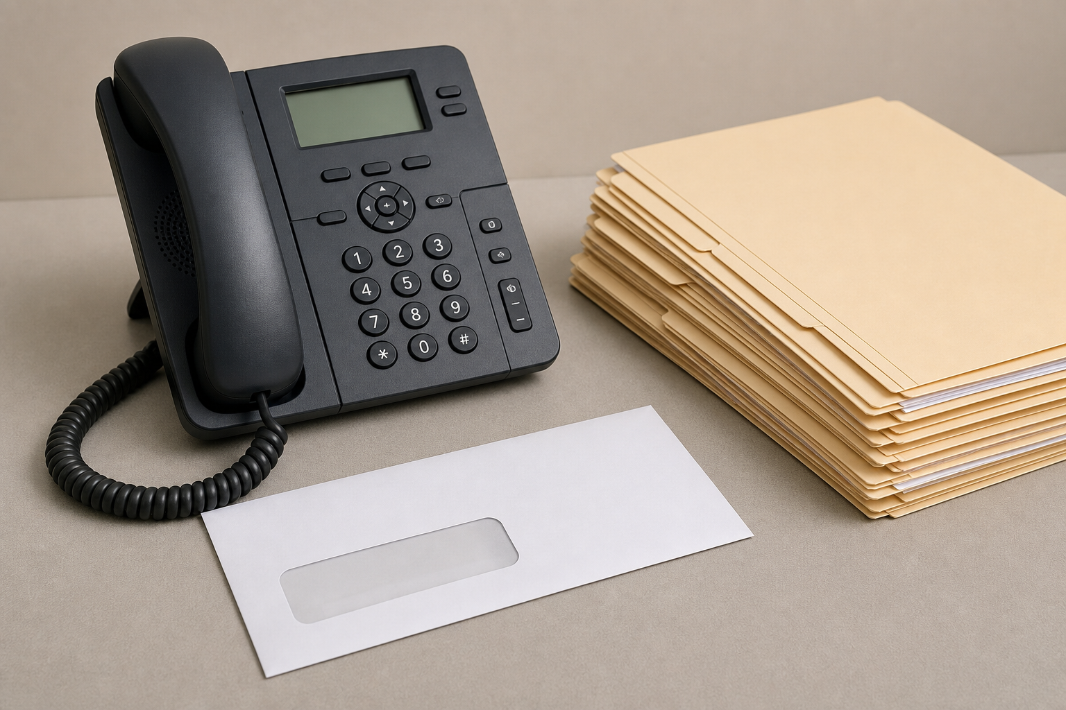 A desk telephone beside an unopened window envelope and a stack of manila folders on a plain office desk