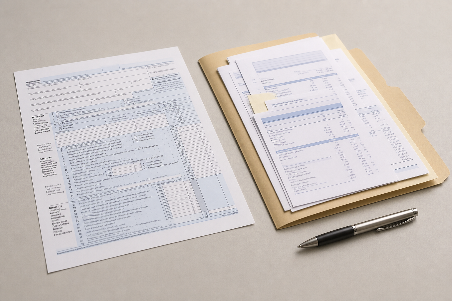 A printed tax form beside a folder of statements and a pen on a plain desk