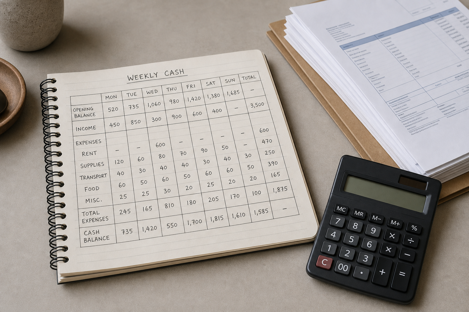 A spiral notebook opened to a hand drawn weekly cash grid, resting on a desk beside a calculator and a stack of invoices