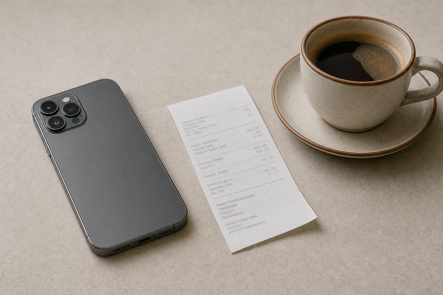 A phone lying face down on a table beside a printed receipt and a cup of coffee