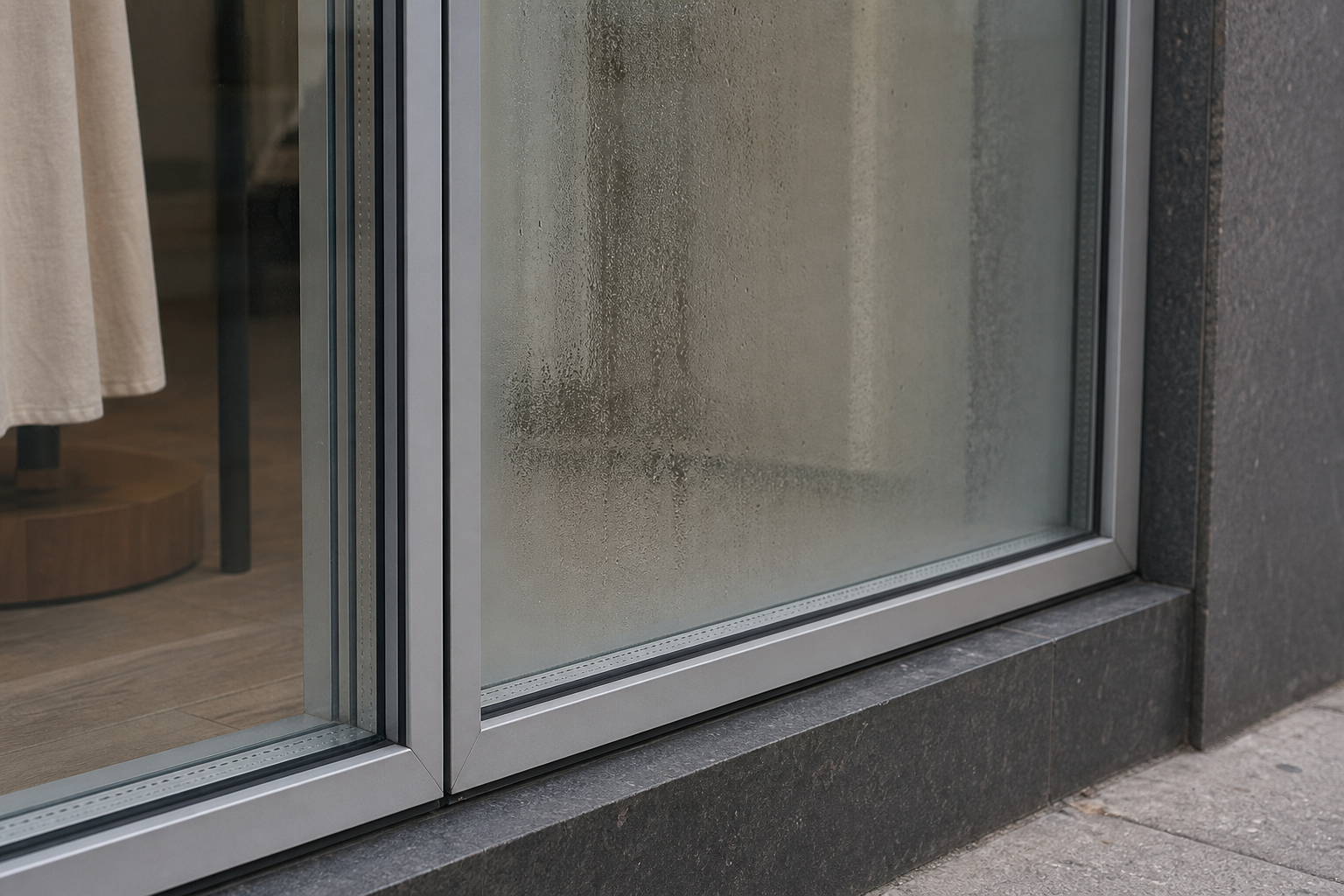 Close-up of a commercial storefront window at street level where two large insulated glass panels show internal condensation haze between the panes, with the...