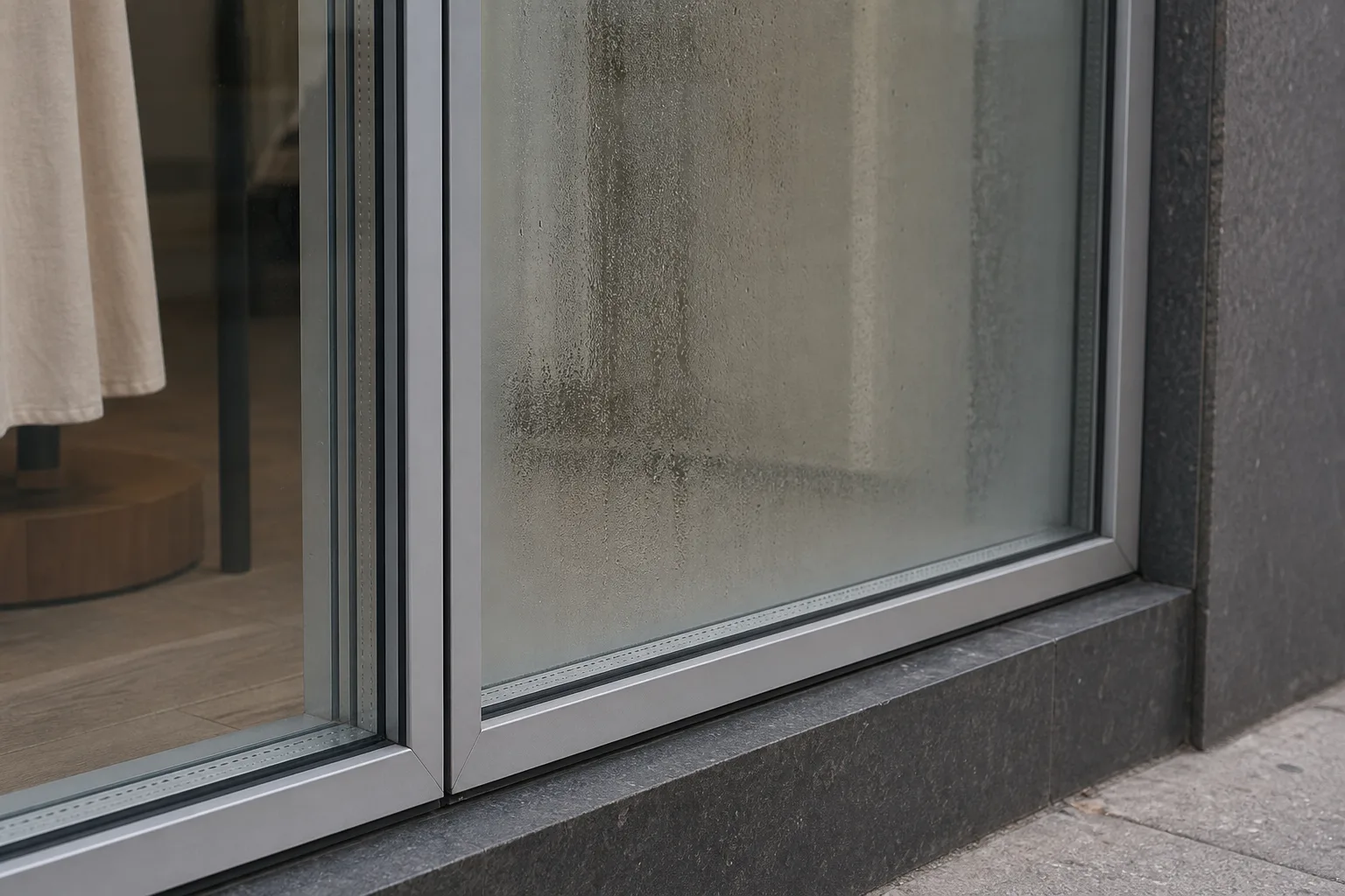 Close-up of a commercial storefront window at street level where two large insulated glass panels show internal condensation haze between the panes, with the...