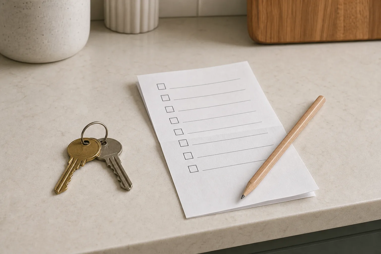 A pair of house keys, a folded one page checklist and a pencil resting on a kitchen counter