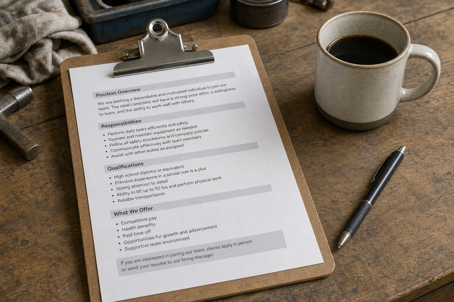A printed job posting on a clipboard resting on a workshop bench beside a coffee mug and a pen