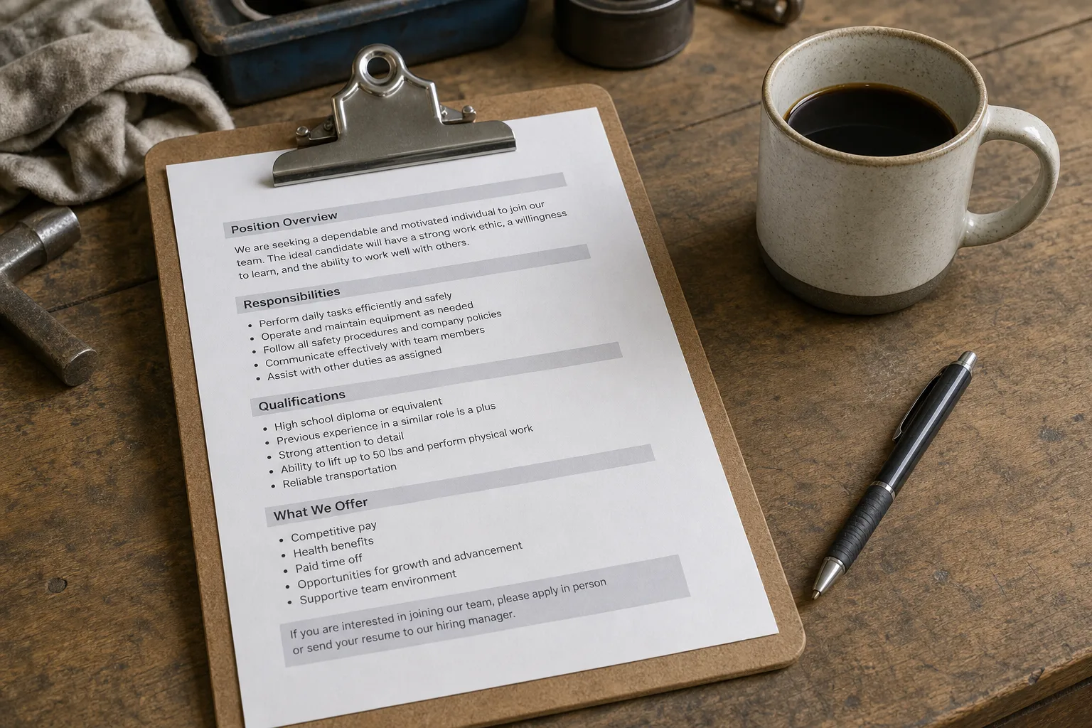 A printed job posting on a clipboard resting on a workshop bench beside a coffee mug and a pen