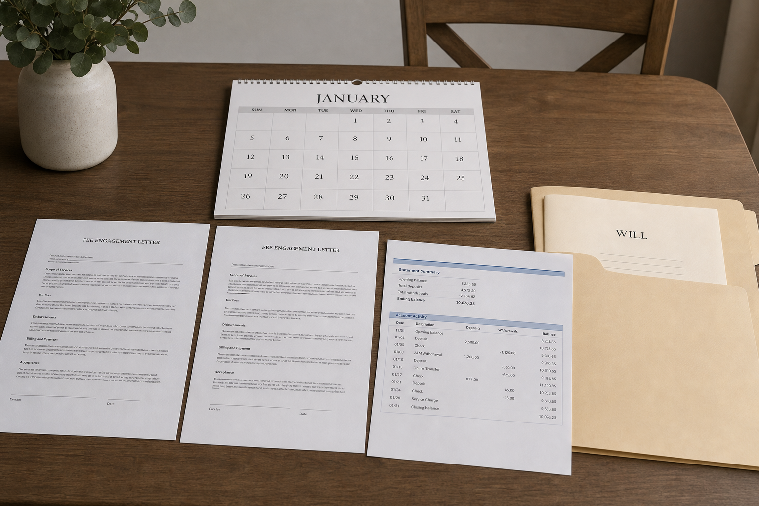 An executor's kitchen table with two printed fee engagement letters side by side, a bank statement, a will in a manila folder, and a wall calendar showing Ja...