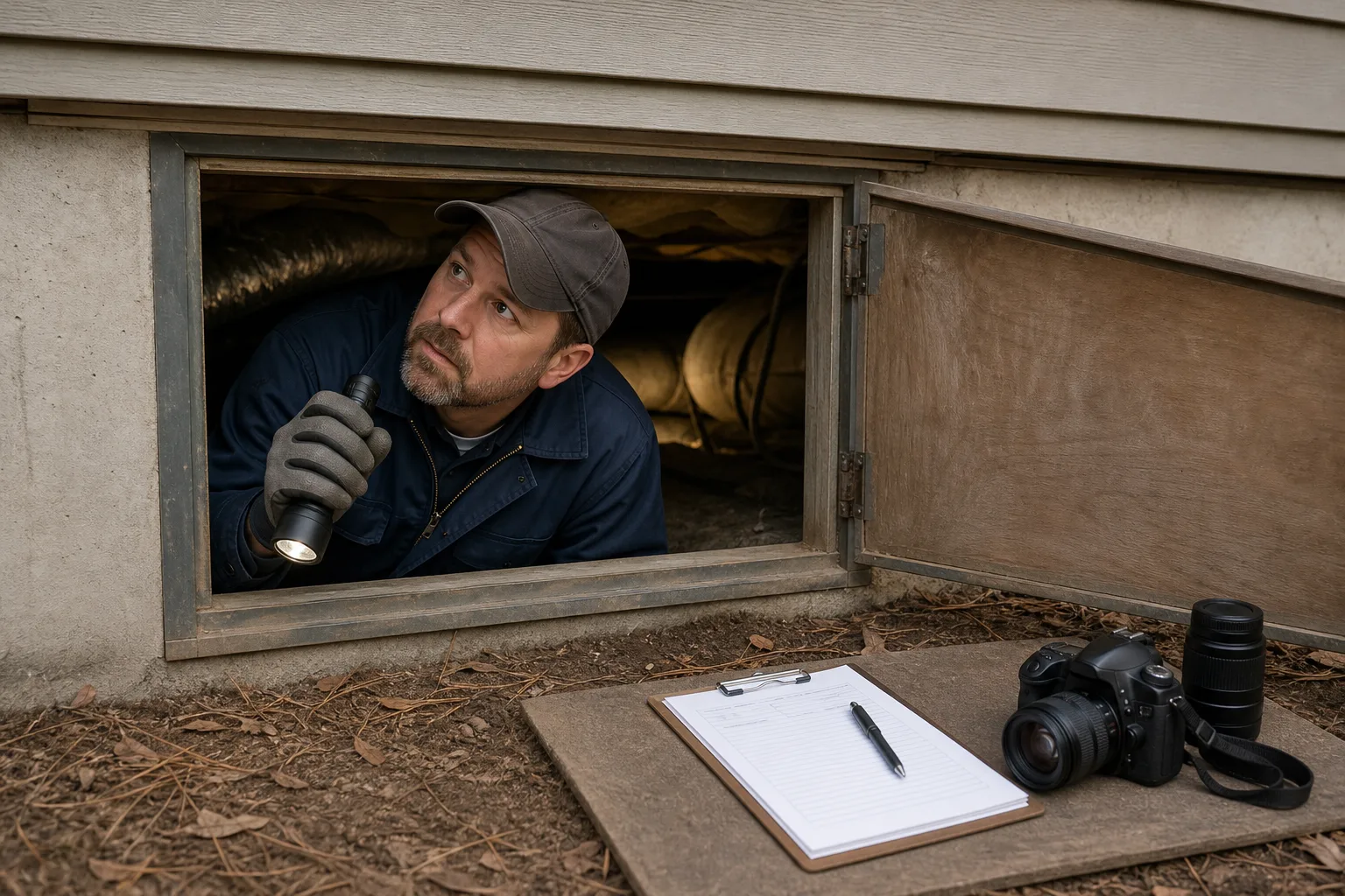 A home inspector in a crawlspace hatch opening beneath a house, flashlight in hand, clipboard and camera equipment set on the ground beside the opening