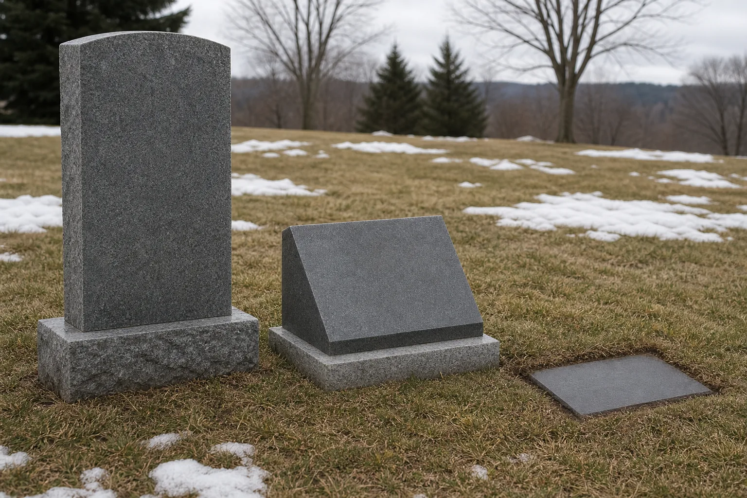 Three cemetery markers of different formats side by side in a mown lawn section: a tall upright granite monument, a slant marker, and a flush lawn-level ston...