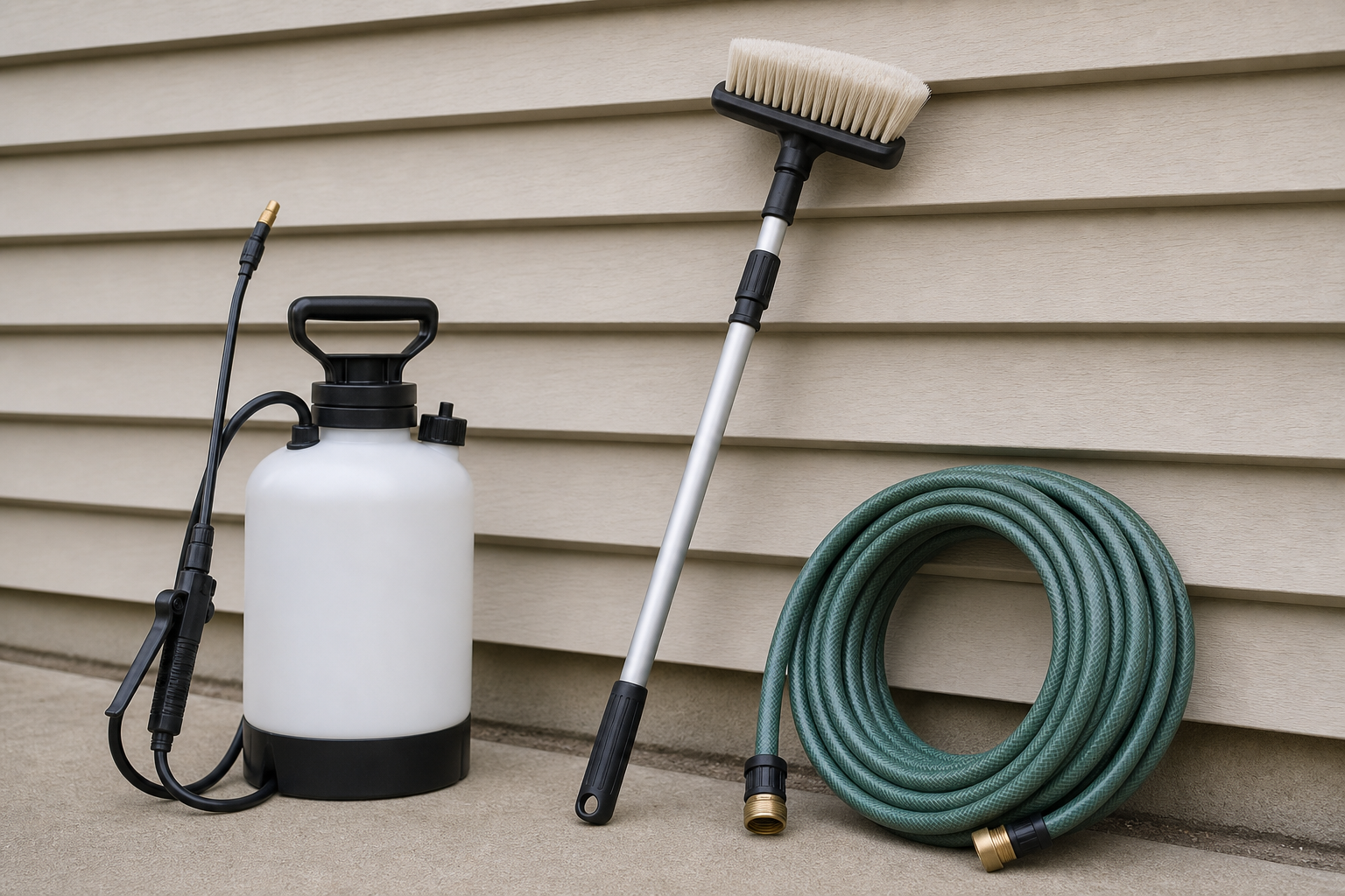 A pump sprayer, a soft bristle brush on an extension pole, and a coiled garden hose resting against a section of vinyl siding