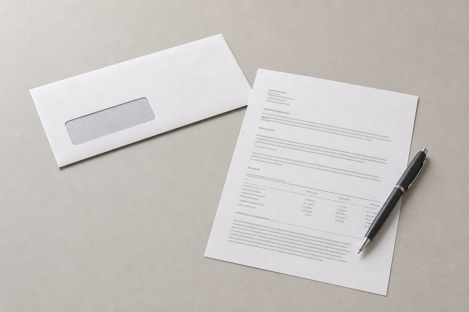 A sealed window envelope, a printed return copy and a pen resting on a plain desk