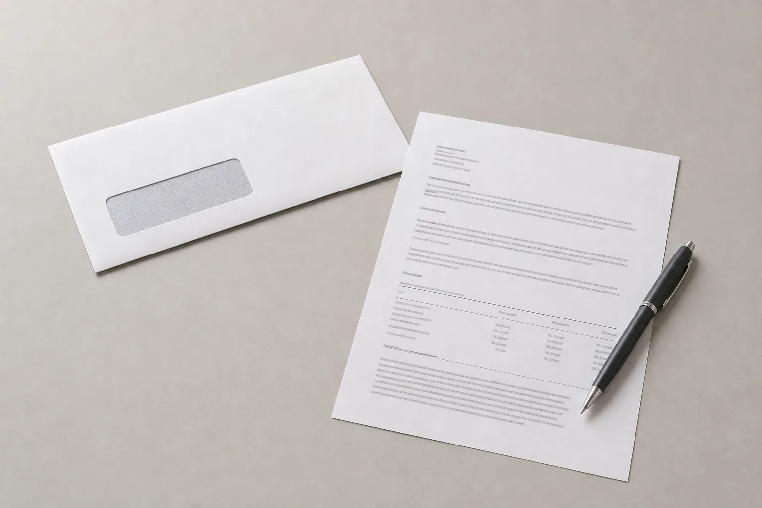 A sealed window envelope, a printed return copy and a pen resting on a plain desk