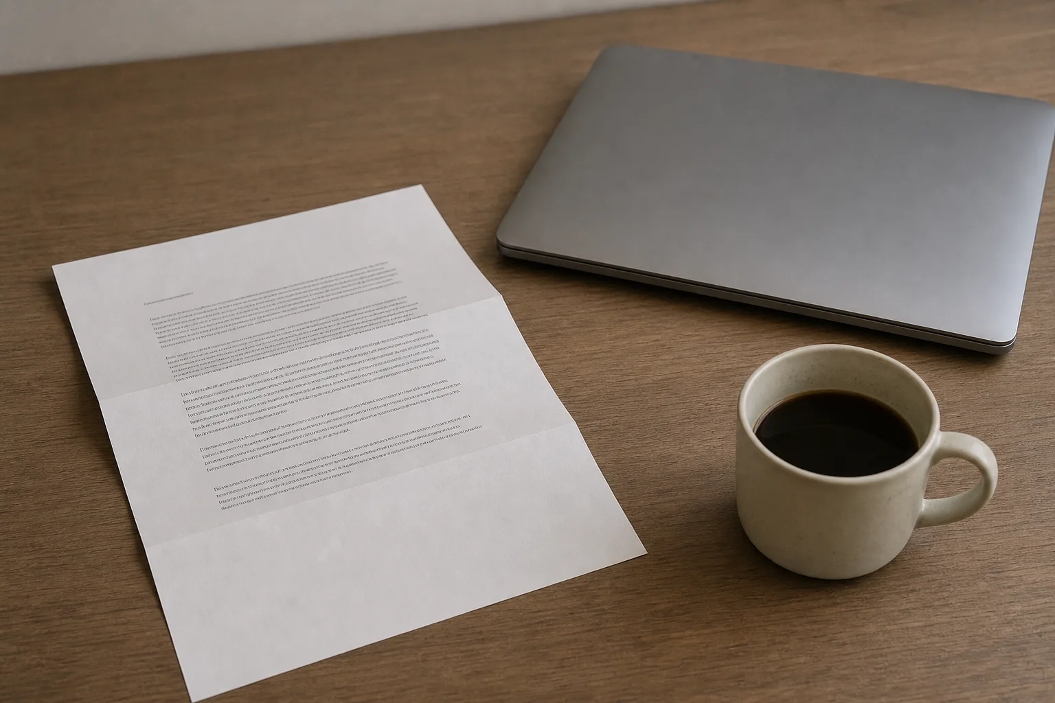A printed letter on plain paper folded on a desk beside a closed laptop and a coffee cup