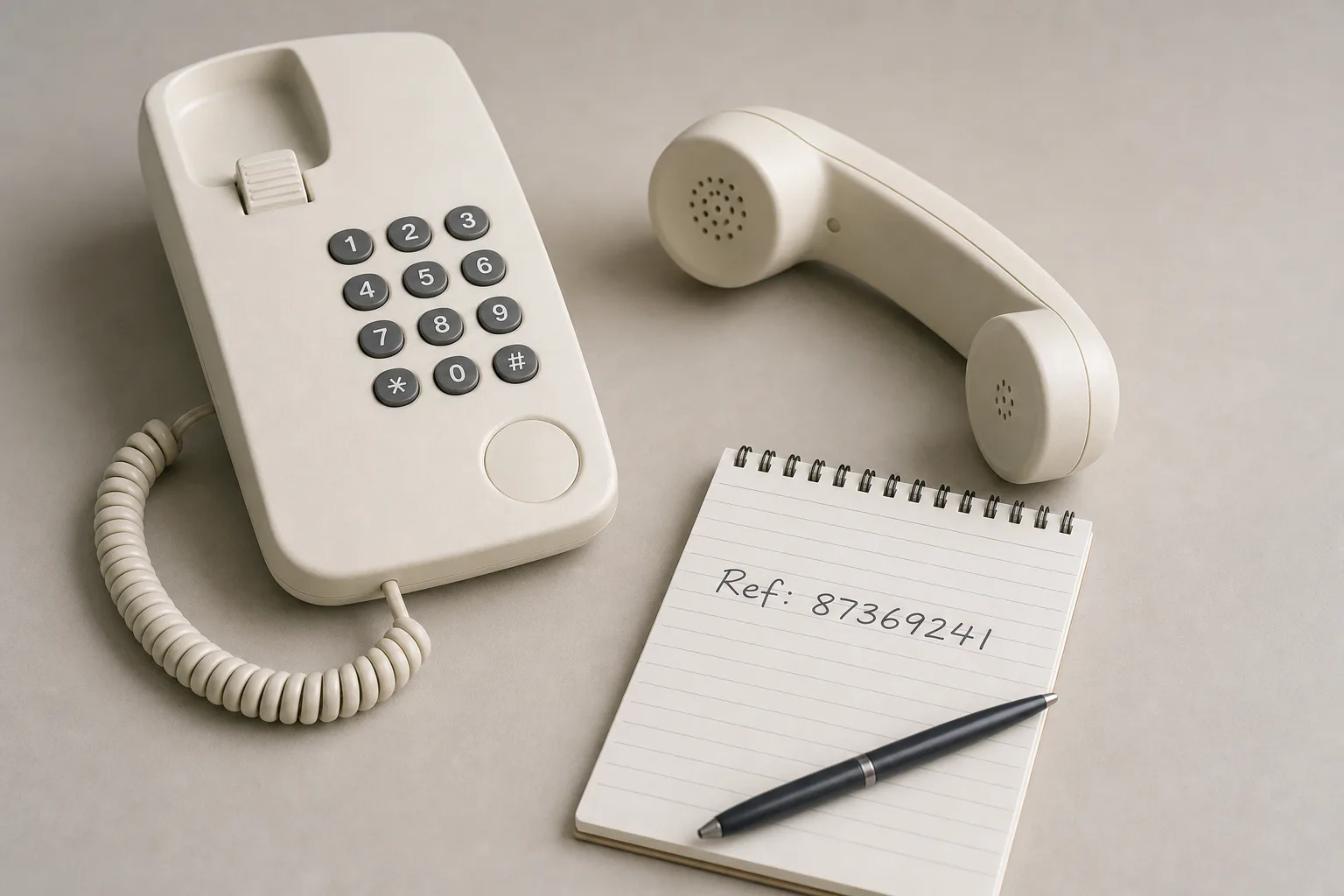 A telephone handset resting off its cradle beside a notepad with a reference number written on it