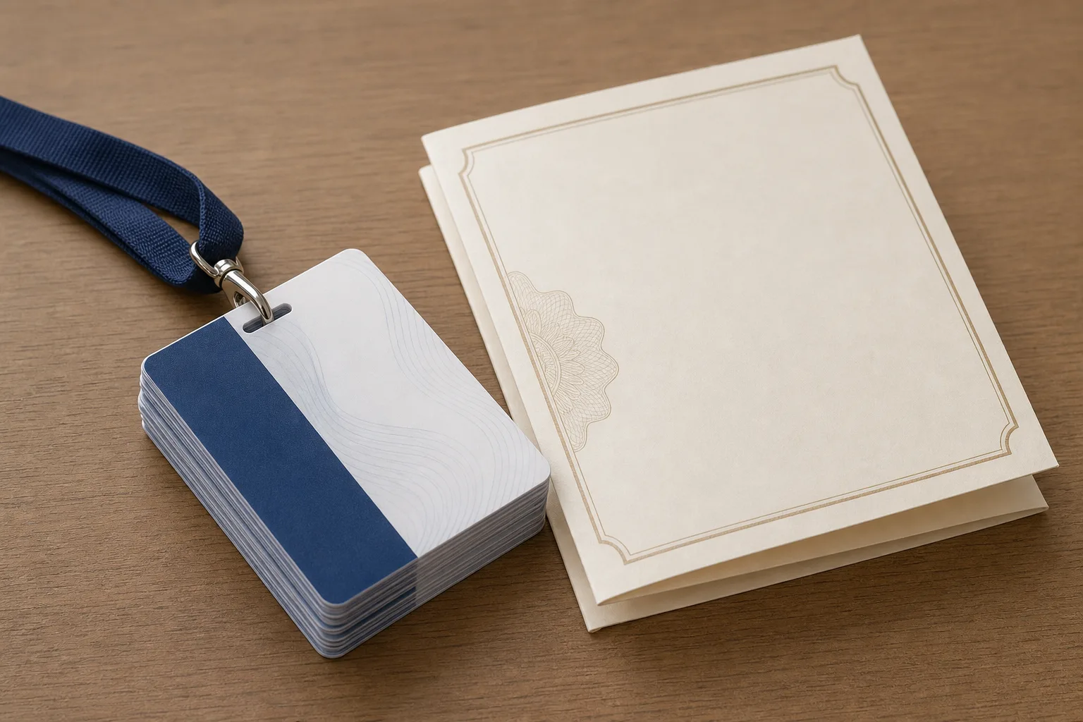 A stack of laminated credential cards and a folded certificate resting on a plain wooden surface