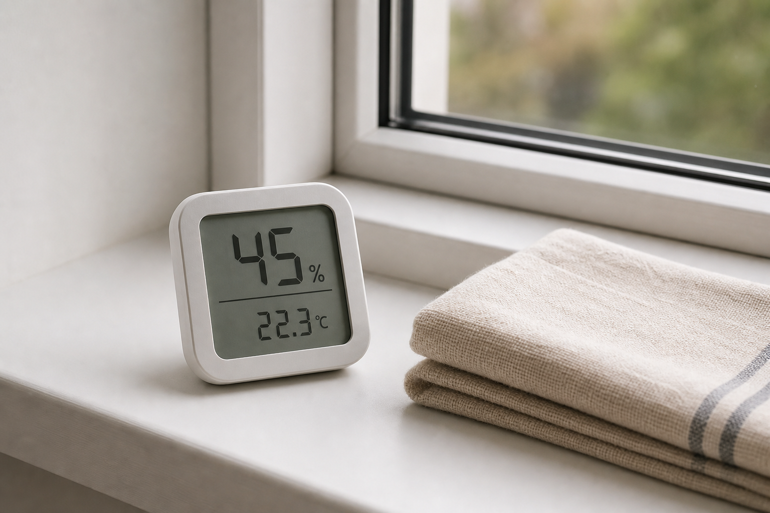 A small digital hygrometer resting on a windowsill beside a folded cloth